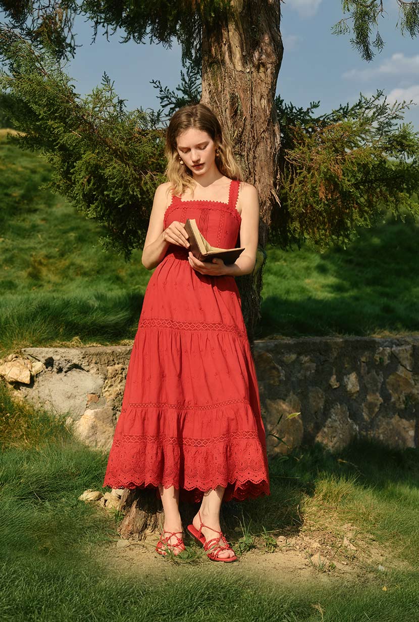 Clarabel Cotton Midi Dress - Red - Image 10