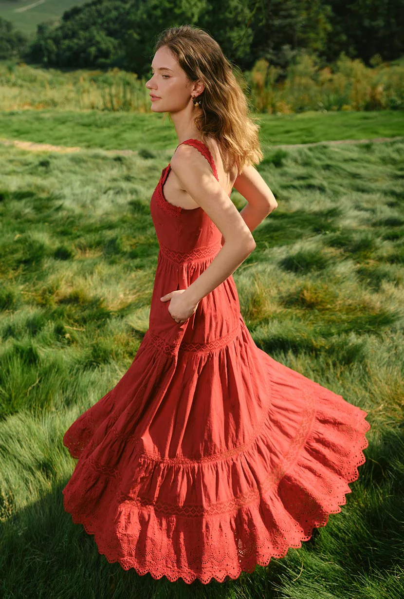 Clarabel Cotton Midi Dress - Red - Image 3