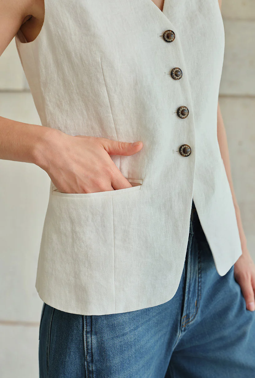 Darien Linen Vest - Ivory - Image 10