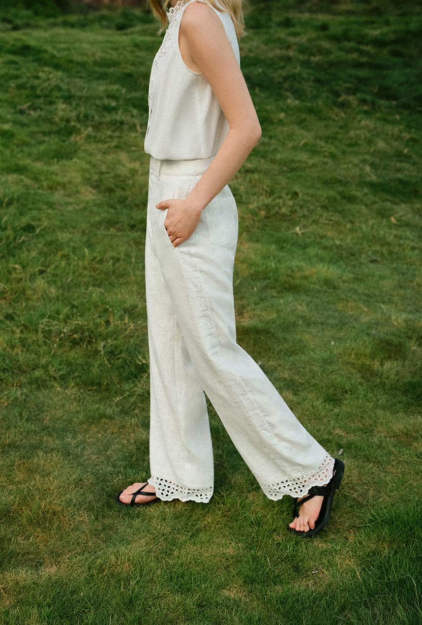 Dasha Eyelet Linen Pants - White - Image 4
