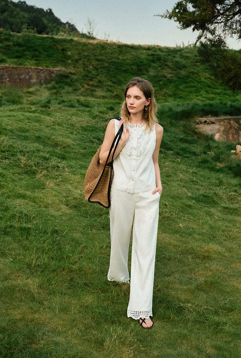 Dasha Eyelet Linen Pants - White - Image 6
