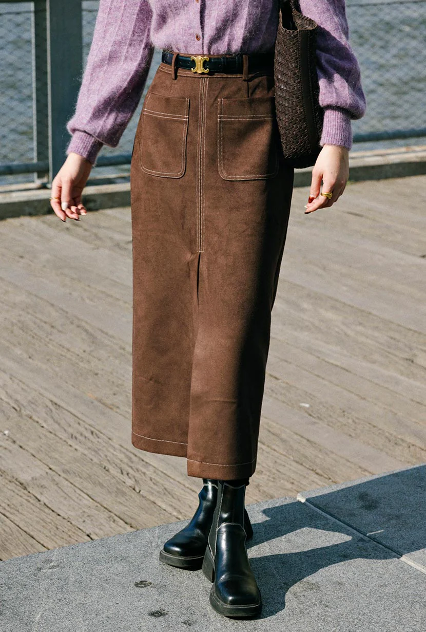 Debbie Suede Pencil Skirt - Chocolate - Image 3