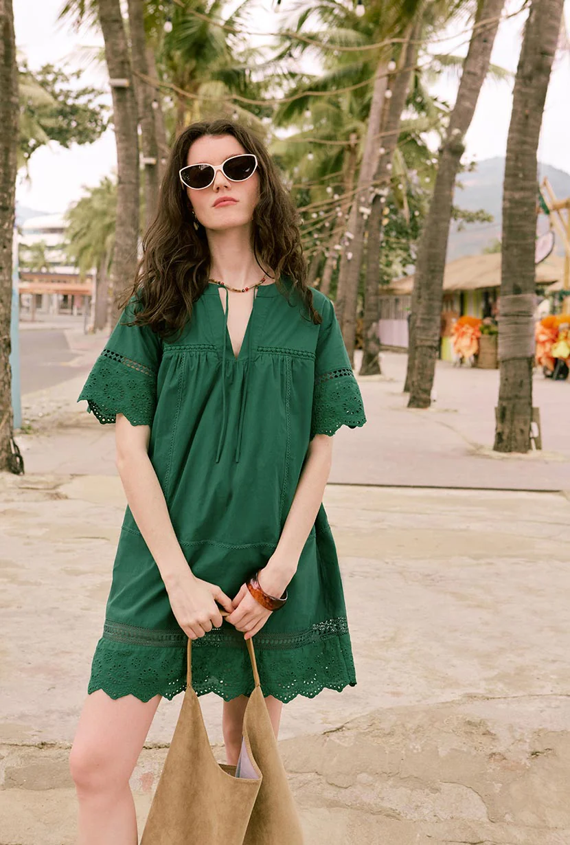 Gwen Cotton Eyelet Dress - Emerald Green - Image 3